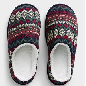 Red and green cottage winter jacquard mule slippers NWT